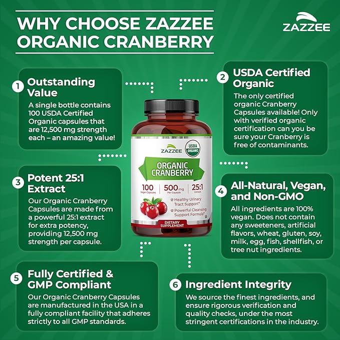 Zazzee USDA Organic Cranberry 25:1 Extract, 500 mg per Capsule, 100 Vegan Capsules, Over 3 Month Supply, Standardized, Concentrated 25X Extract, 100% Vegetarian, Certified Organic, Non-GMO All-Natural