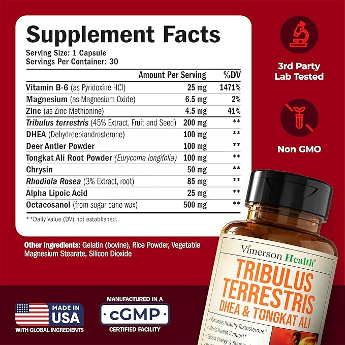 Testosterone Supplement For Men – Tribulus Terrestris, Magnesium, Zinc, Tongkat Ali & Rhodiola Rosea Supplement – Muscle Builder, Libido Support & B6 Vitamins for Men with DHEA 100mg – 30 Capsules