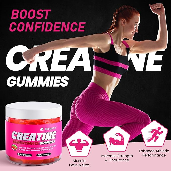 Creatine Monohydrate Gummies 5g for Men Women,Sugar Free Chewables Creatine Pre-Workout for Muscle Strength, Strawberry and Watermelon Flavor, 120 Count
