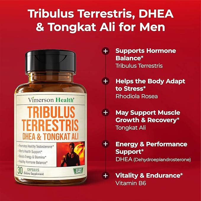 Testosterone Supplement For Men – Tribulus Terrestris, Magnesium, Zinc, Tongkat Ali & Rhodiola Rosea Supplement – Muscle Builder, Libido Support & B6 Vitamins for Men with DHEA 100mg – 30 Capsules