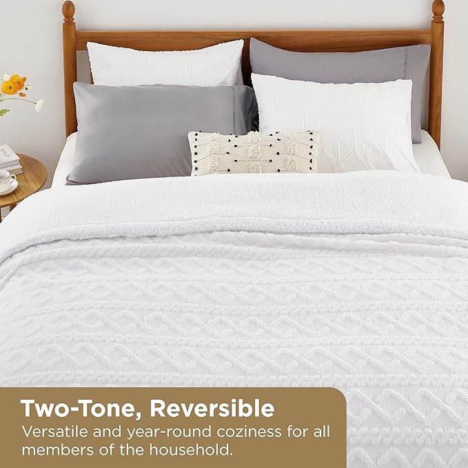 Bedsure Sherpa Queen Size Blanket for Bed - GentleSoft Fleece Fluffy & Cozy Cable Jacquard Tufted for Women Gift, Thick and Warm Blankets for Winter, White, 90x90 Inches