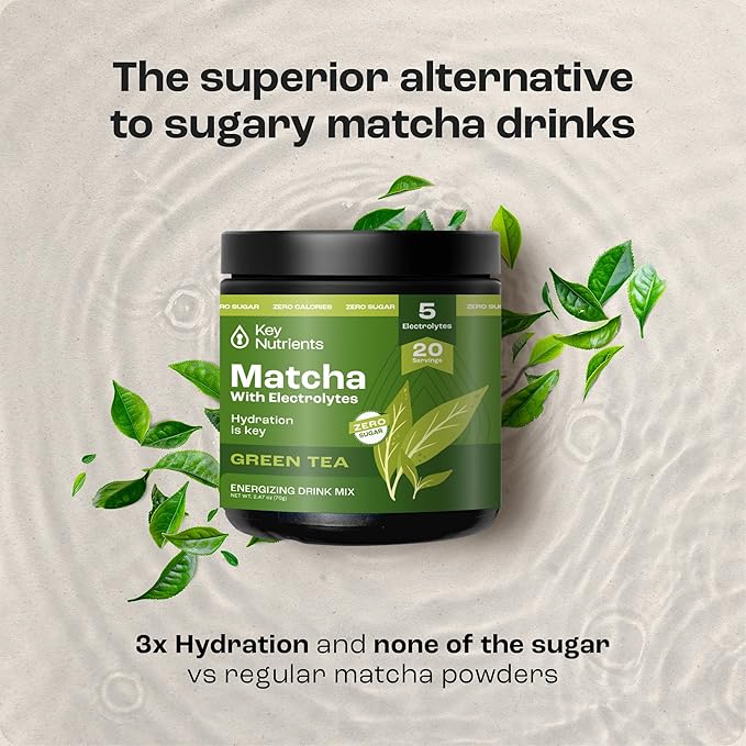 KEY NUTRIENTS Matcha Powder - Unsweetened Matcha Powder with Electrolytes for Hydration and Energy - Green Tea - No Sugar - Made in USA, 20 Servings