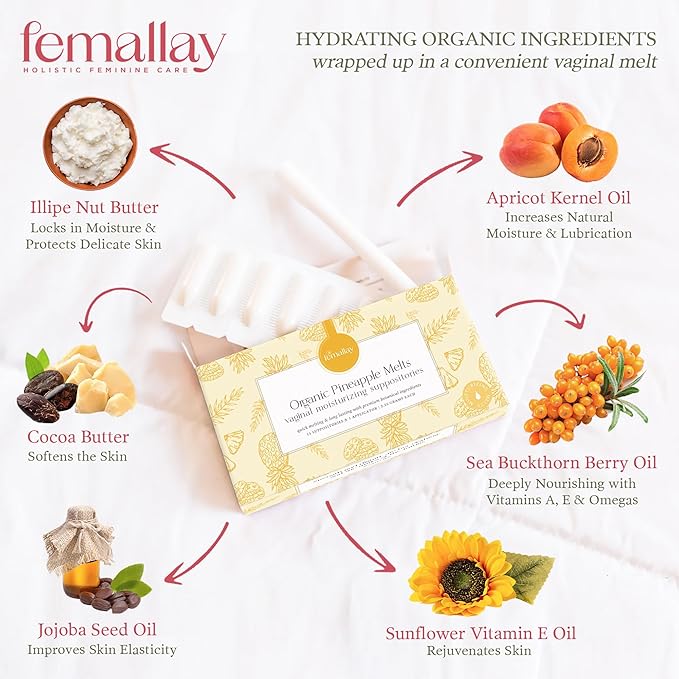 Femallay Organic Vaginal Moisturizing Suppository Melts - 100% Natural Suppositories for Vaginal Odor and Dryness Relief, Ultra-Hydrating Fast-Acting Comfort (Pineapple)