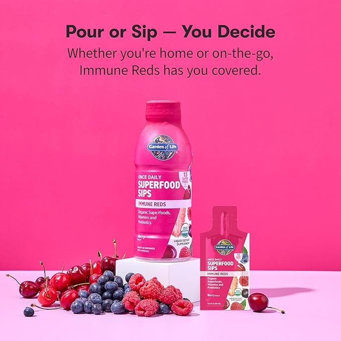 Garden of Life Superfoods Sips, 12 Single Serve Pouches, Vitamins, Probiotics, 13 Organic Superfoods, Functional Mushrooms, Immune Reds, Once Daily, Organic, Vegan, Preservative-Free, Berry Flavor