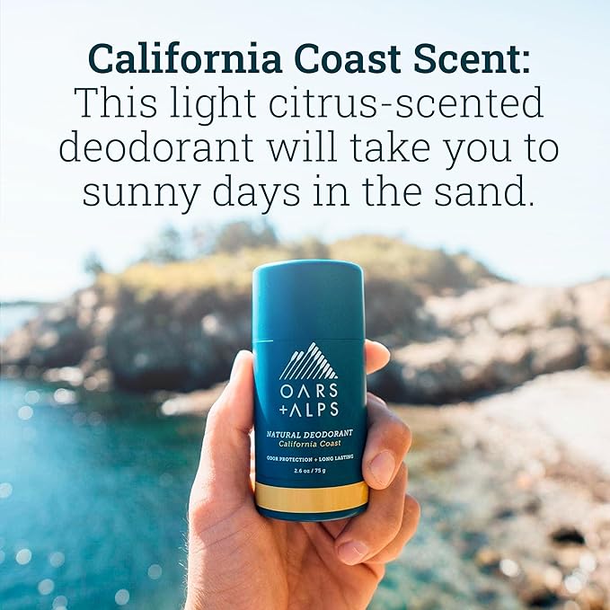 Oars + Alps Natural Deodorant for Men & Women, Aluminum Free Deodorant for Men, Dermatologist Tested, Clean Ingredients, Non Toxic, Vegan, Long Lasting, Odor Protection, California Coast, 1pk, 2.6oz