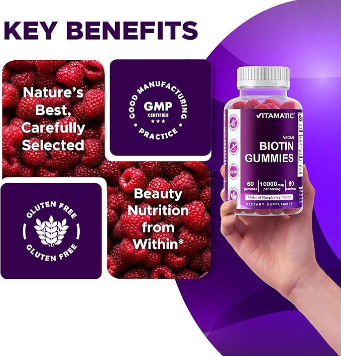Vitamatic Biotin Gummies 10,000 mcg for Stronger Hair, Skin & Nails - 60 Vegan Gummies - Also Called Vitamin B7 (1 Bottle)