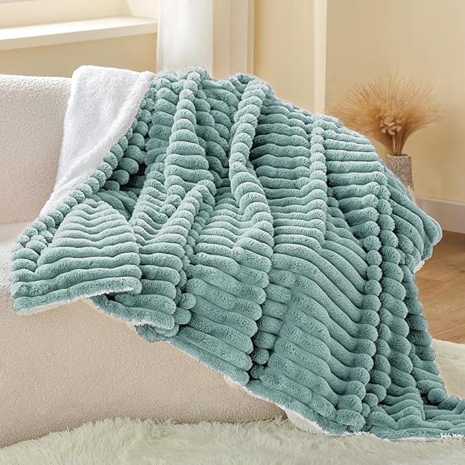 INFIIXSO Sherpa Throw Blanket for Couch - Super Soft & Warm Striped Fleece Blanket, Cozy Plush Fluffy Blanket All Season Use (Haze Blue, 60x80 Inches)