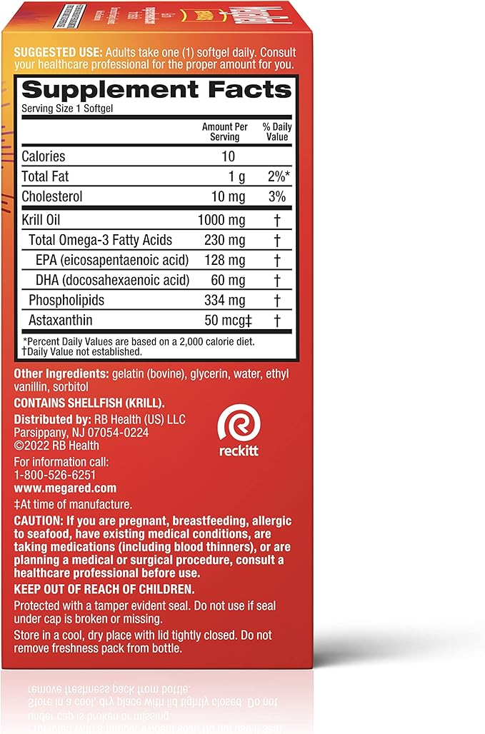 MegaRed Ultra Strength 1000mg Omega-3 Krill Oil Supplement with EPA/DHA, Astaxanthin & Phospholipids, No Fish Oil Aftertaste Supports Heart, Brain, Joint and Eye Health, 60 Count Softgels.