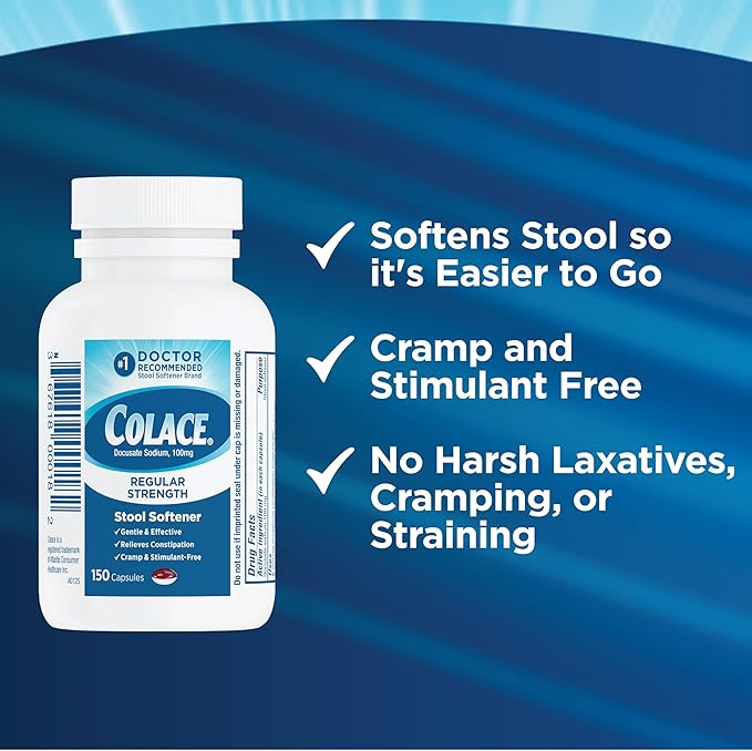 Colace Regular Strength Stool Softener for Gentle Effective Constipation Relief, No. 1 Doctor Recommended Stool Softener Brand, 100 mg Docusate Capsules, 150 Count