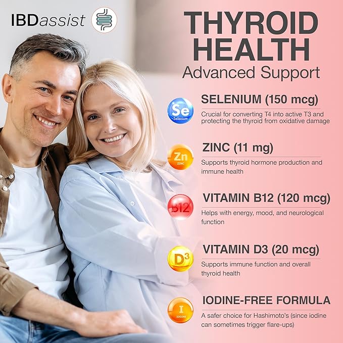IBDassistโข Hashi Aid Thyroid Support for Women & Men - Thyroid Supplement for Hashimoto's Disease & Hypothyroidism* - Packed with Ashwagandha, Selenium, Zinc, Essential Vitamins & More - 30 Capsules