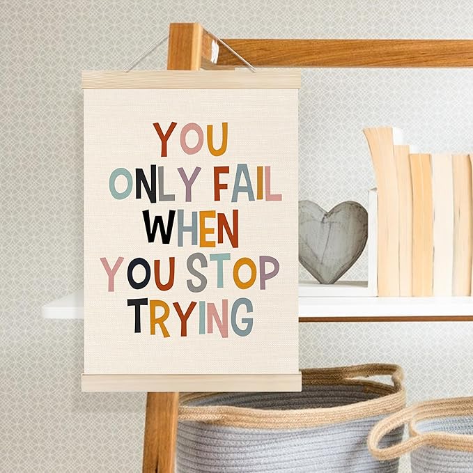 Welshower Boho Inspirational Poster Hanger Frame, You Only Fall When You Stop Trying Motivational Quote Wall Art Prints Decor for Classroom Kids Room Nursery Playroom Framed, 12x16 Inch