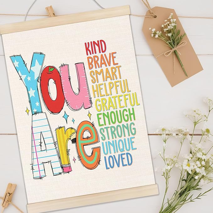Welshower Boho Classroom Poster Hanger Frame, You Are Kind Brave Smart Motivational Positive Affirmations Wall Art Prints Decor for Kids Nursery Toddler Room Bedroom Classroom Playroom, 12x16 Inch