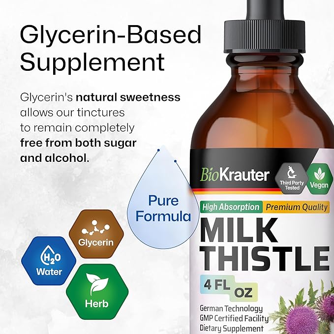 BIO KRAUTER Milk Thistle Extract Liquid - Silymarin Milk Thistle Supplement - Vegan, Alcohol & Sugar Free Liver Cleanse Detox Drops - 4 fl oz