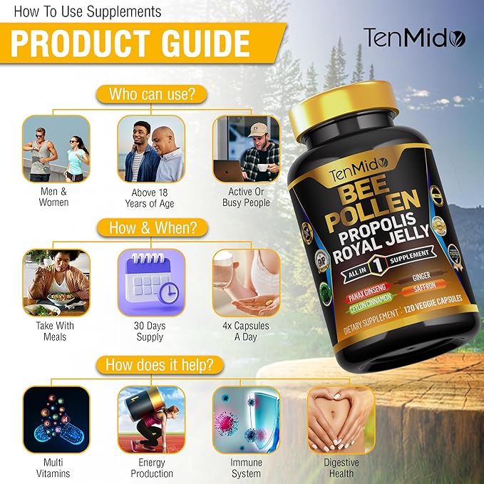 Organic Bee Pollen Supplement - 7in1 Formula - Combine with Propolis, Royal Jelly, Panax Ginseng, Ceylon Cinnamon, Ginger, and Saffron - Digestive Health, Immune Support - 120 Capsules