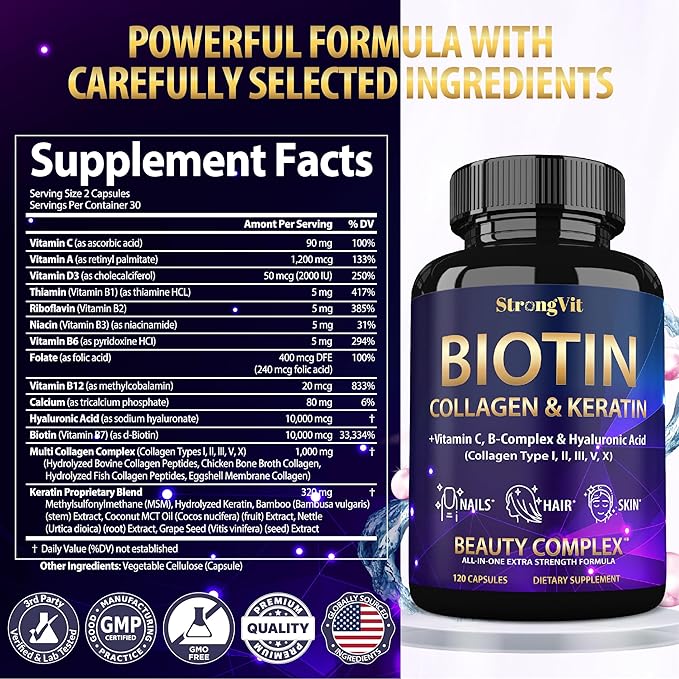 Biotin with Hyaluronic Acid, Keratin, and Collagen Supplements - Hair Growth Vitamins for Women and Men, Healthy Nails and Skin, B1, B2, B3, B6, B7 Complex, USA (120 Capsules)