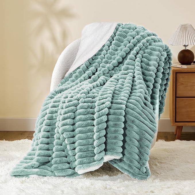 INFIIXSO Sherpa Throw Blanket for Couch - Super Soft & Warm Striped Fleece Blanket, Cozy Plush Fluffy Blanket All Season Use (Haze Blue, 60x80 Inches)
