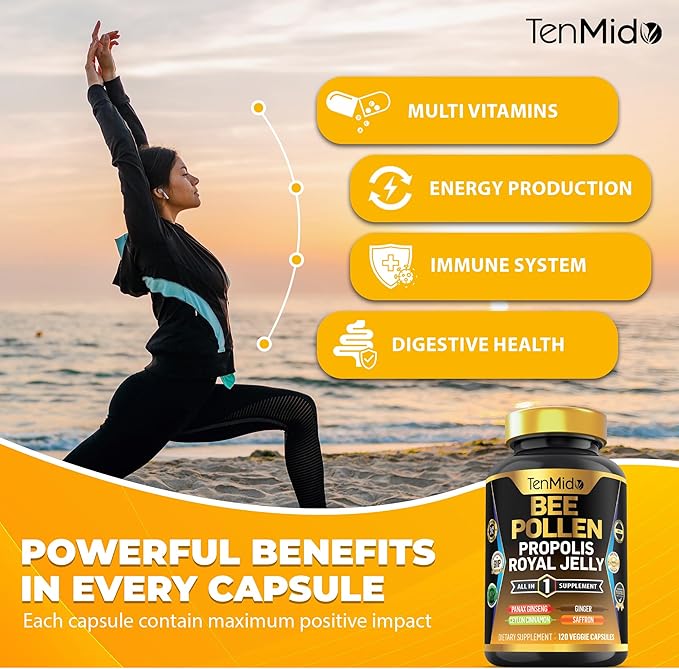 Organic Bee Pollen Supplement - 7in1 Formula - Combine with Propolis, Royal Jelly, Panax Ginseng, Ceylon Cinnamon, Ginger, and Saffron - Digestive Health, Immune Support - 120 Capsules