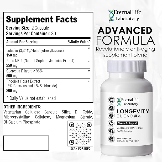 Quercitin, Rhodiola Rosea, Luteolin and Rutin Longevity Blend #4 Anti-Aging Supplement for Cellular Defense with Immunity and Energy Support, Antioxidants