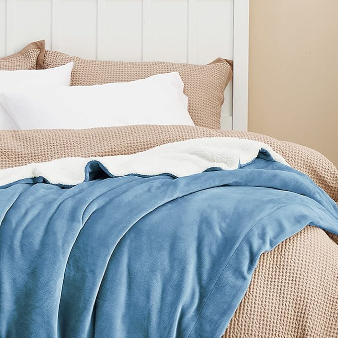 Bedsure GentleSoft Sherpa Fleece Blankets King Size for Bed - Thick and Warm, Soft Fuzzy Plush King Blanket for Winter, Washed Blue, 108x90 Inches