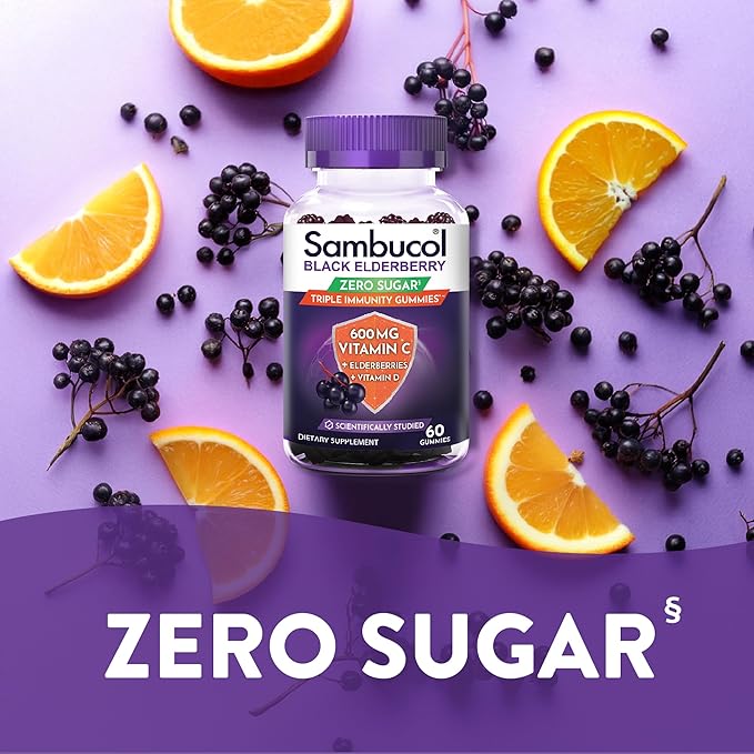Sambucol Black Elderberry Zero Sugar Triple Immunity Gummies - Black Elderberry Vitamin C Immune Support Supplement, Gummy with Vitamin D for Adults and Kids - 60 Gummies (Pack of 1)