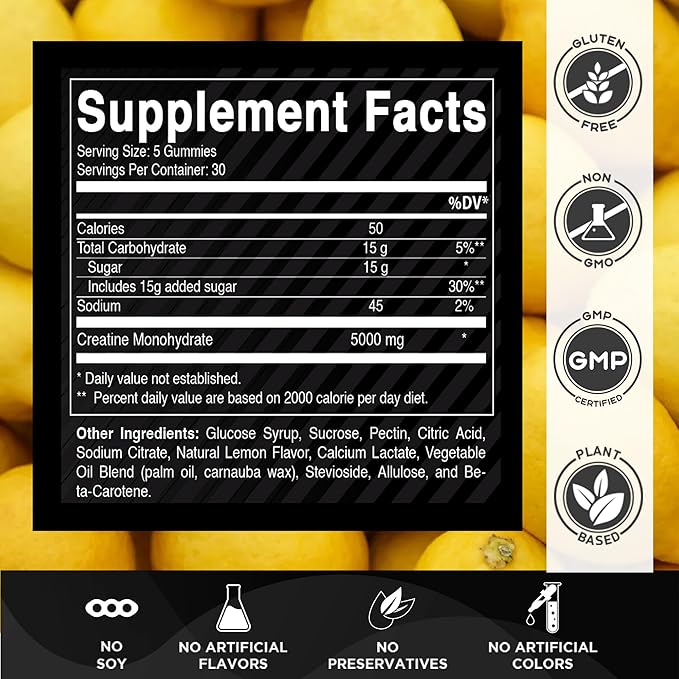 Vitamatic Creatine Gummies 5000mg per Serving Natural Lemon Flavor – 150 Gummies – Creatine Monohydrate for Muscle Strength, Energy & Recovery – Non-GMO, Gluten-Free