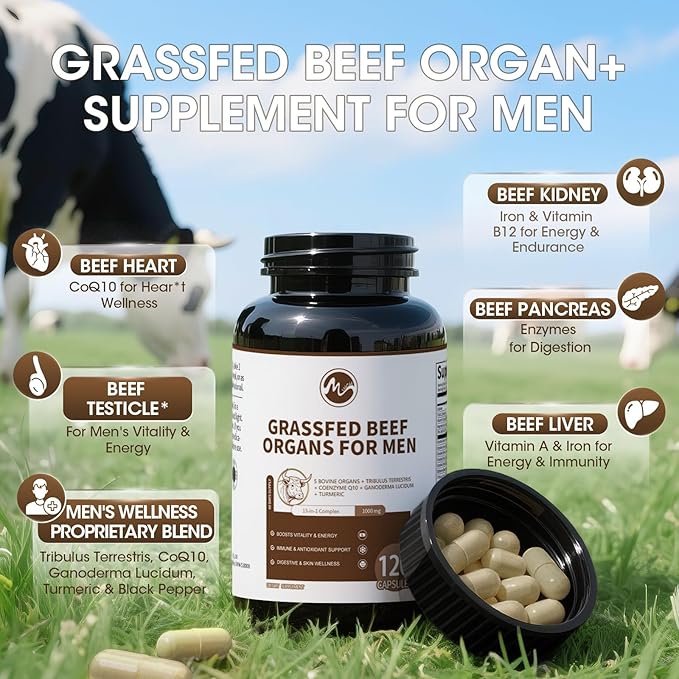 Beef Organs Supplement for Men, Beef Liver, Heart, Kidney, Pancreas, Tribulus Terrestris, CoQ10, Ganoderma for Men's Vitali*ty, Energ*y, Immune, Ant*i-oxidant Support, Non-GMO, Gluten-Free, 240 Count
