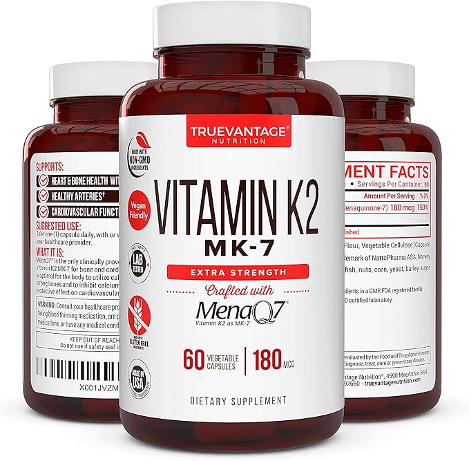 Vitamin k2 MK-7 Supplement 180mcg -Vitamin K2 Supports Bone & Heart Health for Cardiovascular Calcium Absorption from Arteries- 60 Easy to Swallow Vegetable caps of MenaQ7 K2 MK7
