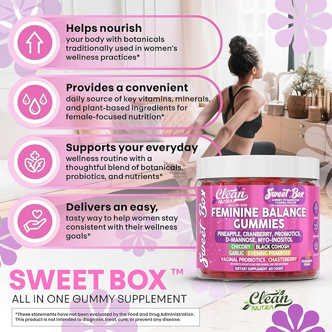 Clean Nutra Feminine Balance Gummies for Women Pineapple VaginalProbiotics pH Balance Cranberry D Mannose Supplement Inositol Black Cohosh Evening Primrose Garlic Vitex GLA Prebiotics Folate 60ct