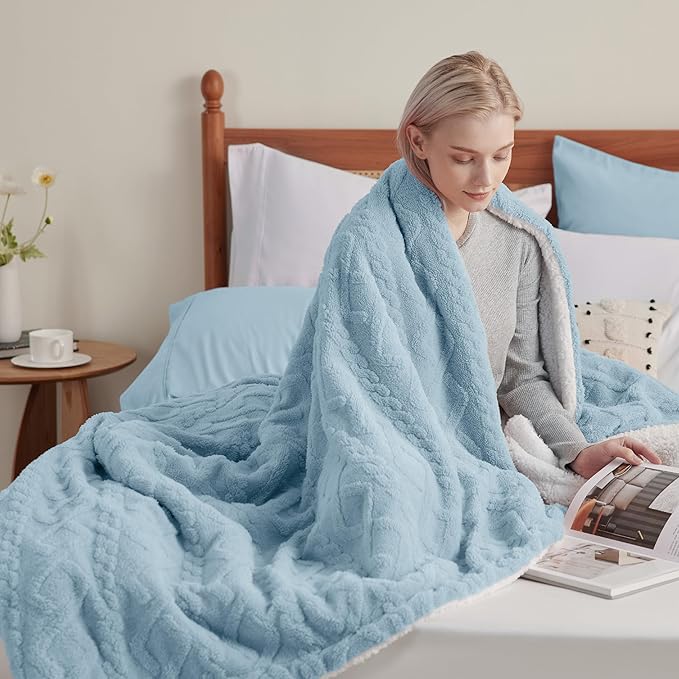 Bedsure Sherpa Fleece Throw Blanket for Couch - GentleSoft Fluffy & Cozy Cable Jacquard Tufted Throw for Women Gift, Thick and Warm Blankets for Winter, Blue, 50x60 Inches