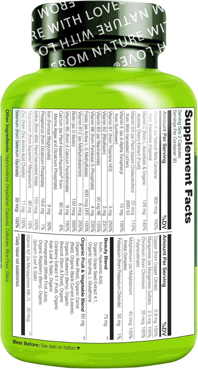 NATURELO Whole Food Multivitamin with Extra Hair, Skin & Nails Support - Beauty Blend with Hyaluronic Acid & Grape Seed - High Potency Biotin, Vitamin C, & Glutathione, 60 Vegan Capsules (Pack of 2)