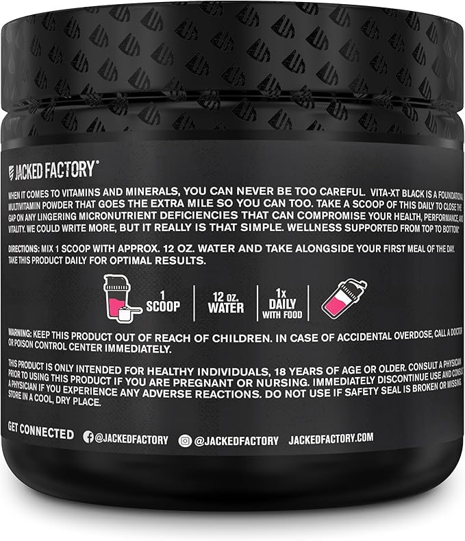 Jacked Factory Vita XT Performance Vitamin Powder - Daily Multivitamin Powder for Men with KSM-66 Ashwagandha, Prebiotic Fiber, Vitamin A, C, D, K, B6, B12, & More - Strawberry Lemonade, 30Sv