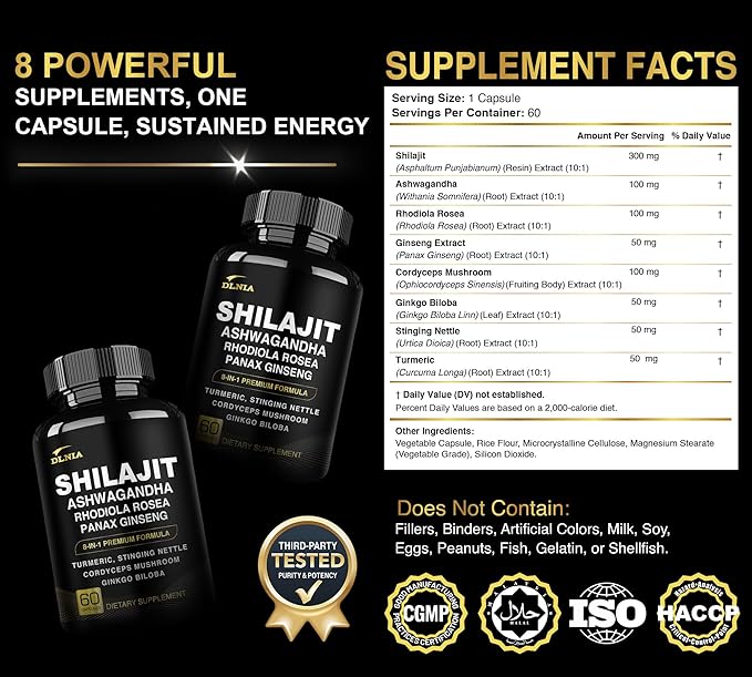 8-in-1 Shilajit for Men & Women with Ashwaganda Himalayan Organic Supplement with Rhodiola Rosea, Ginseng, Turmeric, Mushroom, for Immune Support, Energy, Calm, Focus, Clarity, Sleep, Cortisol