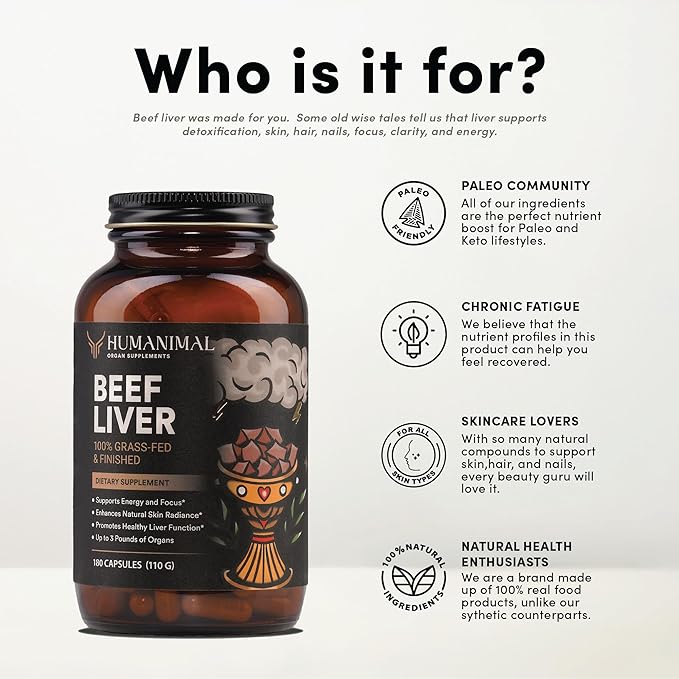 Humanimal Beef Liver Supplement | Nutrient-Dense Beef Liver Capsules | 100% Grass-Fed & Finished, Freeze-Dried | Boosts Energy Levels, Focus, Skin Health & Liver Function | Non-GMO, 180 Capsules