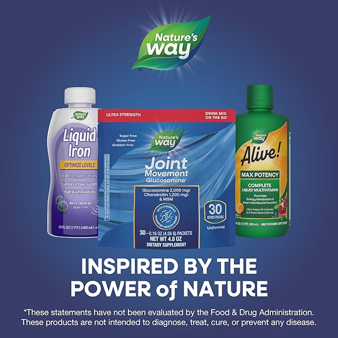Nature’s Way Joint Movement Glucosamine Drink Mix, Ultra Strength Glucosamine, MSM, Hyaluronic Acid, Vitamin D3, Supports Bones, Muscles, Cartilage*, No Sugar, No Shellfish, 30 Unflavored Packets