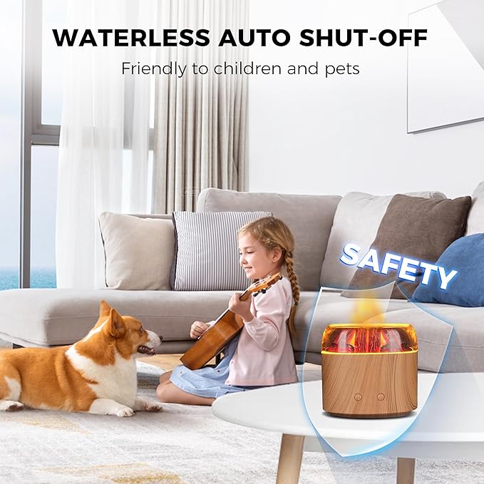 Mini Bonfire Air Diffuser, Ultrasonic Cool Mist Aroma Scent Diffuser for Essential Oils, Fire Mist Humidifier with Warm LED Glow, 2 Brightness, Auto-Off, Night Light for Room Home Office – Light Wood