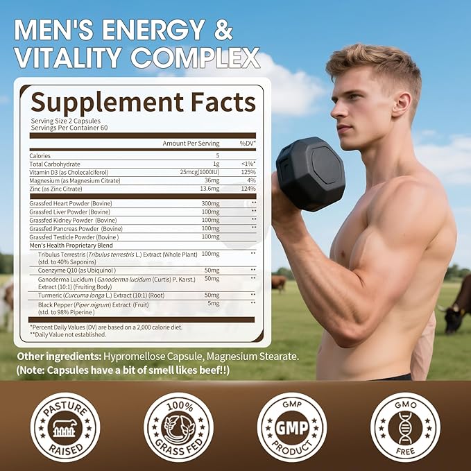 Beef Organs Supplement for Men, Beef Liver, Heart, Kidney, Pancreas, Tribulus Terrestris, CoQ10, Ganoderma for Men's Vitali*ty, Energ*y, Immune, Ant*i-oxidant Support, Non-GMO, Gluten-Free, 240 Count