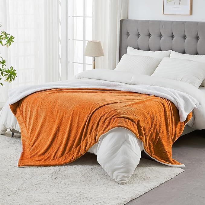 SOCHOW Waffle Sherpa Fleece Throw Blanket, Super Soft Fuzzy Warm, Lightweight Fluffy Reversible Plush Blanket for Bed Sofa Couch, 60 x 80 Inches Burnt Orange