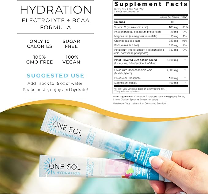 One Sol BCAA & Electrolyte Powder for Hydration & Energy, All-Natural Formula, 100% Vegan, Non-GMO, Gluten Free & Soy-Free, Promotes Muscle Growth & Recovery, Natural Blue Raspberry Flavor