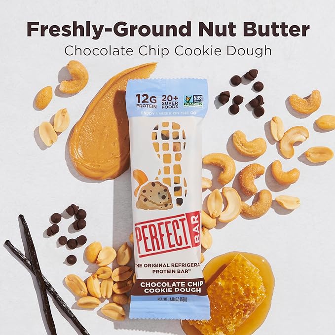 Perfect Bar, Chocolate Chip Cookie Dough Protein Bar, Gluten Free, Soy Free, Non GMO, No Sugar Alcohols, 2.2 Ounce Bar, 24 Count
