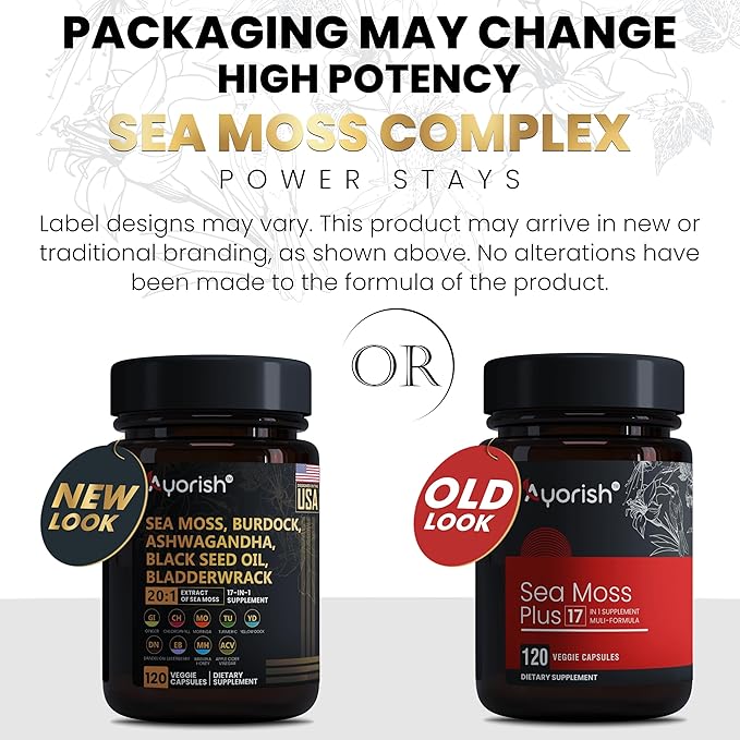 Sea Moss Capsule 30:1 High Strength 6000mg Equivalent Per Servings, Black Seed Oil Ashwagandha Ginger Capsules, Turmeric, Moringa, Bladderwrack, Burdock Root, Manuka Honey, Cinnamon 120 Count