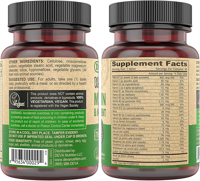 DEVA Tiny Tablets Vegan Multivitamin for Women & Men 2-Pack with Iron, Vitamin C, E, B Complex Vitamins, Zinc, 90 Tablets Each