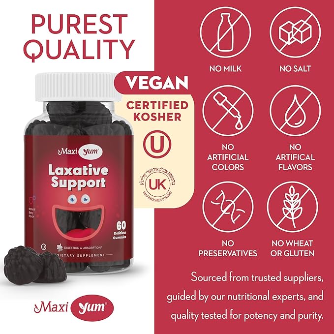 Maxi Health Natural Laxative Gummies for Adults and Kids – Non-GMO and Vegan Senna Stool Softener Gummies – Berry Flavor Chewable Laxatives for Constipation Support (60 Count)