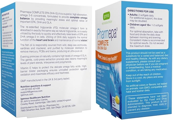 Igennus Pharmepa Complete EPA 668mg & DHA 334mg Omega-3 Fatty Acids 1000mg, IFOS Certified, rTG Form, High Potency Fish Oil Plus Omega-6 & 9 from GLA Evening Primrose Oil, Lemon Flavor, 360 Softgels