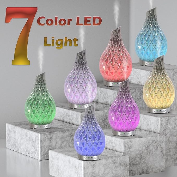 MAXWINER Essential Oil Diffuser Handmade Art Glass Aromatherapy Ultrasonic Humidifier with 7 Colors Lights Changing, Waterless Auto Shut-Off, Time Setting for Home, Office, Room 120ml (Diamond)
