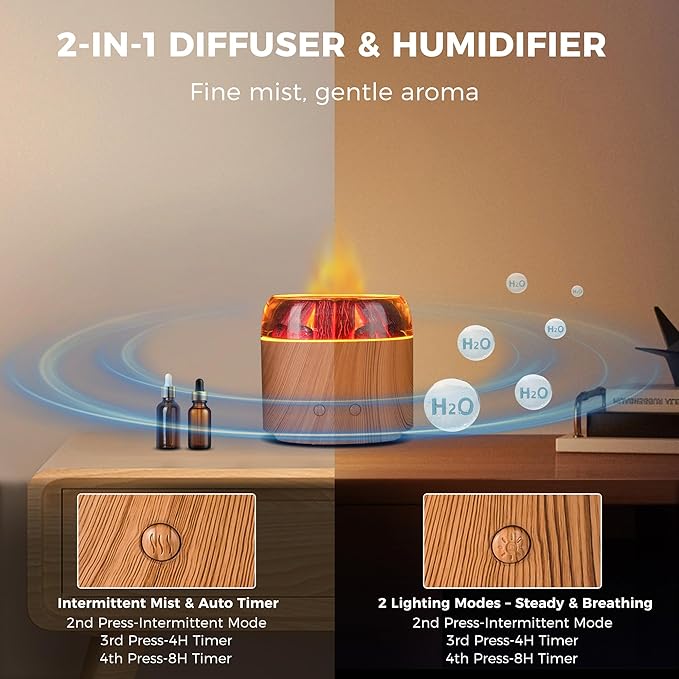 Mini Bonfire Air Diffuser, Ultrasonic Cool Mist Aroma Scent Diffuser for Essential Oils, Fire Mist Humidifier with Warm LED Glow, 2 Brightness, Auto-Off, Night Light for Room Home Office – Light Wood