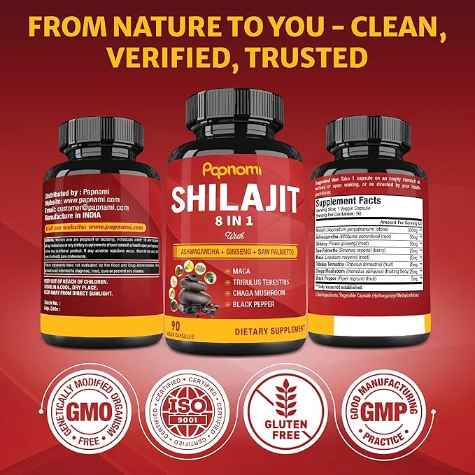 Shilajit Himalayan Capsules - 3 Month Supply - Combined Ashwagandha, Ginseng, Saw Palmetto, Maca, Tribulus, Chaga, Black Pepper