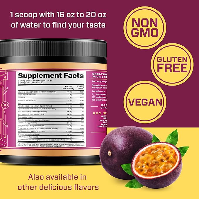 KEY NUTRIENTS Multivitamin Electrolytes Powder No Sugar - Delicious Passion Fruit Electrolyte Powder - Endurance & Energy Supplement - Hydration Powder - No Calories - 90 Servings - Made in USA