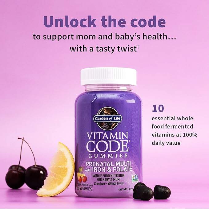 Garden of Life Prenatal Gummy Vitamins for Women with Iron: Folate, Biotin, D3 & Probiotics for Digestion, Vitamin Code Multivitamin, Non-GMO, Gluten-Free, 90 Cherry Lemonade Gummies, 30 Day Supply