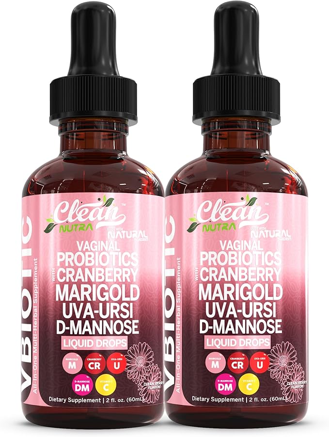 VBiotic Vaginal Probiotic for Women Liquid Drops | Womens Probiotics | Cranberry Uva Ursi Horsetail D-Mannose Prebiotics Marigold & Black Cohosh Vaginal Health Supplement | pH Balance | By Clean Nutra