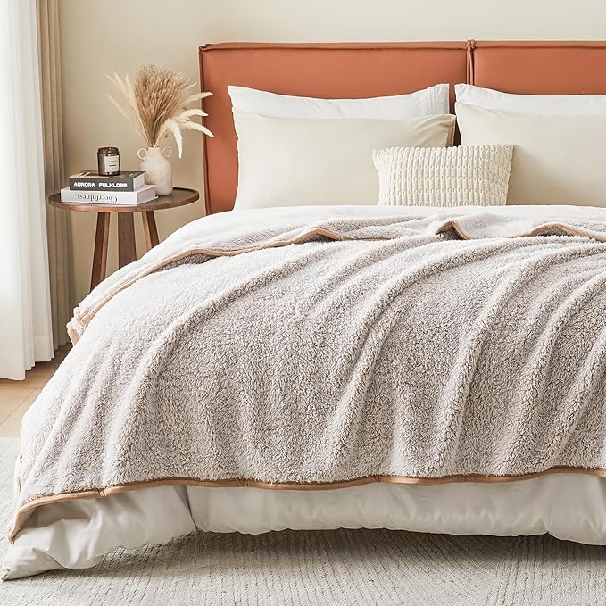 EMME Fuzzy Blanket Soft Fleece Throw Blankets for Women, Fluffy Sherpa Throws(Plush Khaki,90"x90")